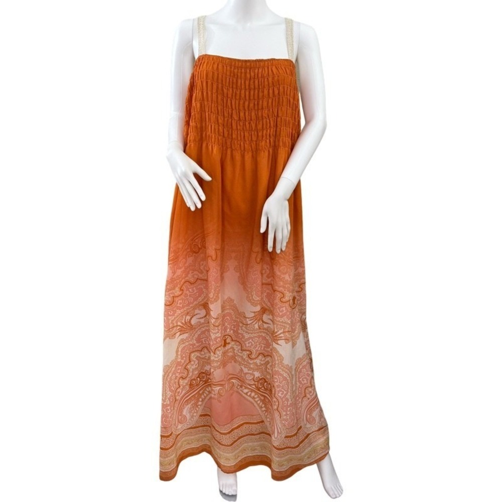 FREE PEOPLE Small Oversized Megs‎ Smocked Brocade Damask Orange Maxi Dress Beach